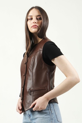 Dericlub Vittoria Kadın Düğmeli Slim Fit Hakiki Deri Yelek Fındık Fındık