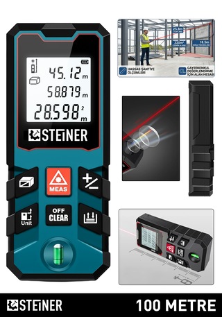 Steiner 100 Metre Su Terazili Uzunluk Alan Hacim Pisagor Ölçüm Cihazı Dijital Mesafe Ölçer Lazer Metre Mavi