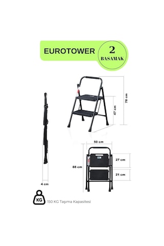 Eurotower 2 Basamak Özel Tasarım Geniş Basamaklı Siyah Merdiven 3+1
