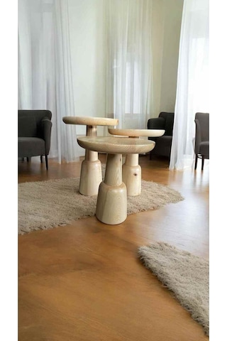 Ahşap Mantar Sehpa 3 Lü Set Naturel Renk Masif Zigon Ve Fiskos Bej