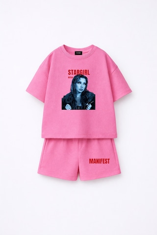 Fasardi Manifest Girls Mina Baskılı Oversize %100 Pamuk Tişört Şort 2li Çocuk Takım Pembe