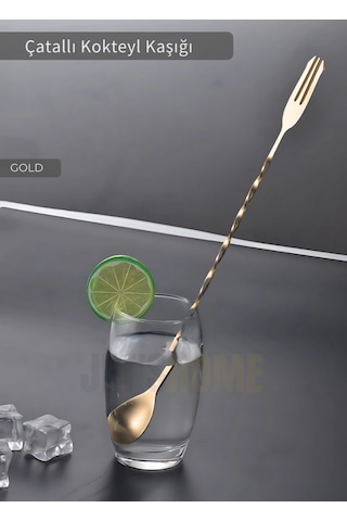 Gold Kokteyl Kaşığı Çift Başlıklı Paslanmaz Barista Kaşığı Çatallı Barmen Kaşığı Çelik 30 Cm Gold