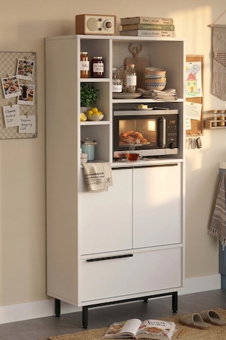 Yurudesign Ocean Mutfak Kiler Dolabı Mikrodalga 3 Kapaklı Raflı Metal Ayaklı Beyaz On9a-w