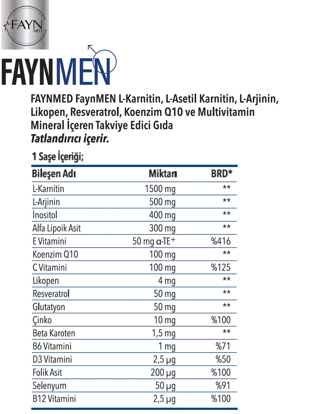 Faynmen Erkeklere Özel L-karnitin, L-arjinin, Koenzim Q10 Ve Multivitamin 30 Saşe Takviye Edici Gıda