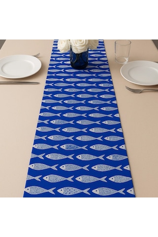 Bodrum Balık Desenli Runner, Duck Kumaş Runner, Su Ve Leke İtici Dayanıklı, Modern Tasarım 35x120 Mavi