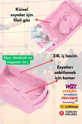 Jet Turtle Seyahat Sırt Çantası 40cm 40x25x15 Cm Pegasus, Wizz Air, Ryanair, El Valizi Koltuk Altı Valizi Pembe