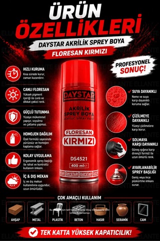 Daystar Floresan Kırmızı Akrilik Sprey Boya 400 Ml Hızlı Kuruyan Çok Amaçlı Metal, Ahşap, Plastik Çok Renkli