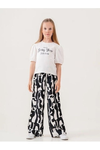 Kız Çocuk Pamuklu Desenli Pantolonlu Takım-15882 Beyaz