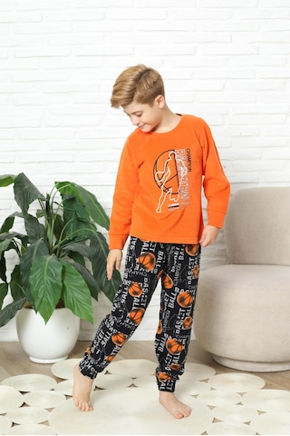 Yeni Stil Sonbahar/kış Erkek Çocuk Basketball Desenli Polar Pijama Takımı 4562 Turuncu