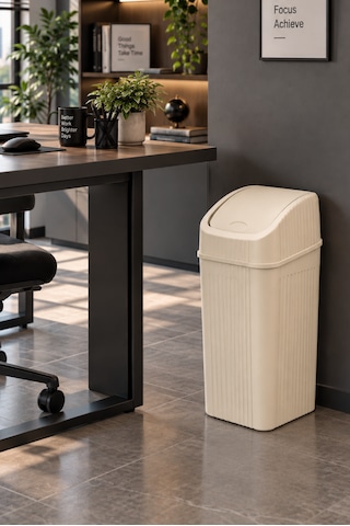 20 Litre Pratik Kapaklı Mutfak Çöp Kovası Büyük Boy Banyo Çöp Kovası Krem
