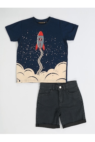 Casabony Rocket Denim Şort - T-shirt Takım - Gri - Siyah