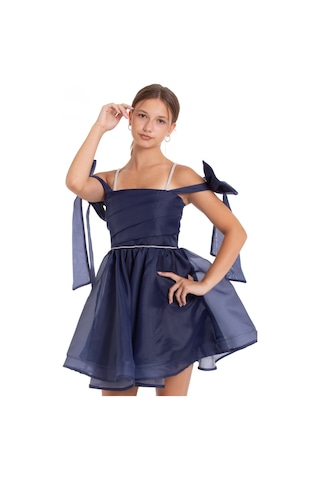 Kız Çocuk Omuz Fiyonklu Lacivert Mezuniyet Ve Özel Gün Saten Kısa Abiye Elbise Lacivert