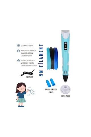 Mavi  3D Kalem 3D Pen Yazıcı Kalem – 3 Adet 3 Metrelik PLA Filament (Toplam 9M) + USB Kablo