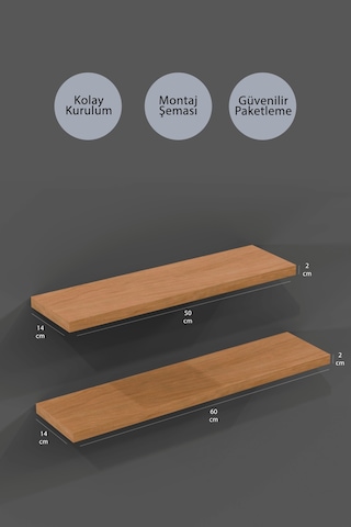 Yankı-BYEG 2li 50 cm 60 cm Safir Meşe Mdf Duvar Rafı Kitaplık