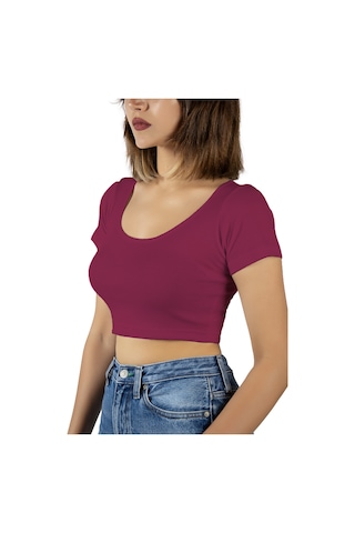 Terapi Men Fuşya Havuz Yaka Fitted/vücuda Oturan Kısa Kol Crop Tişört Fuşya
