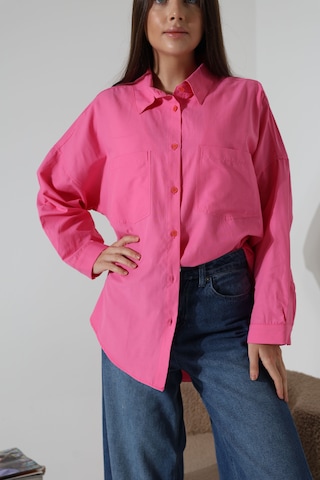 Yeni Sezon Poplin Kumaş Çift Cepli Oversize Pamuklu Kadın Tunik Gömlek Pembe