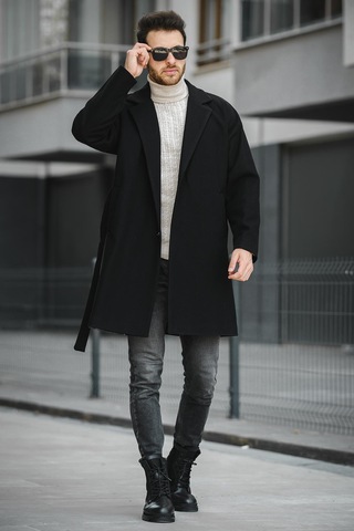 Oksit Layun Erkek Kemerli Oversize Rahat Kesim Kaşe Kaban Palto 001