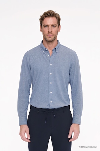 AC&Co / Altınyıldız Classics Erkek Indıgo Pamuklu Tailored Slim Fit Dar Kesim Düğmeli Yaka Örme Gömlek Indigo