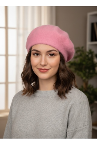 Derikem Fransız Tüylü Peluş Ressam Bere Kadın Şapka Pembe