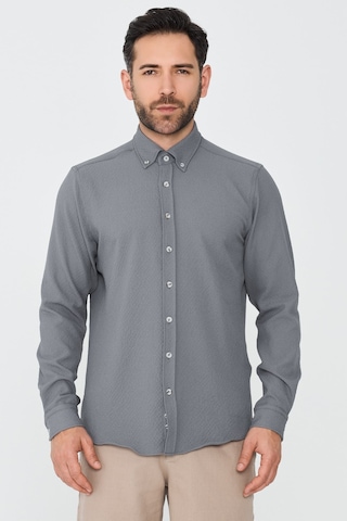 White Stone Gri Mikro Desenli Dynamic Fit Uzun Kollu Gömlek