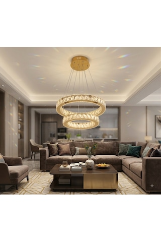 Ala Lighting Plaket Kristal Taş İşlemeli Gold Paslanmaz 2 Halka Led Avize Kumandalı Modern Sarkıt Avize Altın - Gold