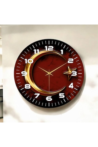 Renkli Baskı Ay Yıldız Desenli Sayılı Hediyelik Ahşap Sessiz Duvar Saati 50cm ÇOk Renkli