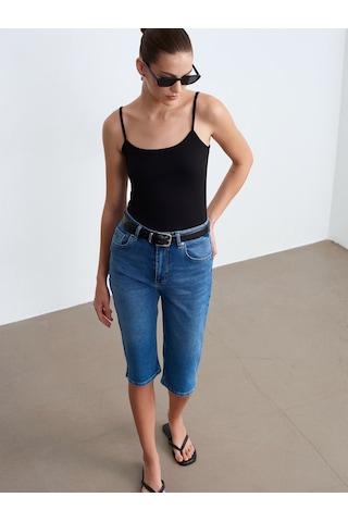 Dilvin 72311 Yırtmaçlı Denim Kapri-mavi