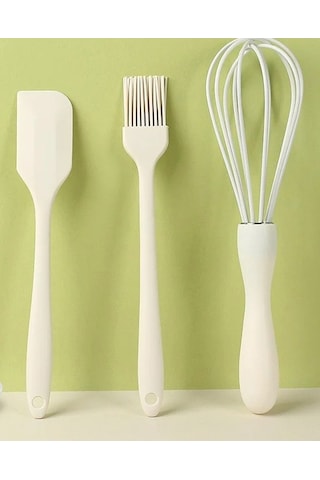 Qerhome 3'lü Silikon Pasta Tatlı Yapma Seti Çırpıcı- Fırça-spatula Beyaz