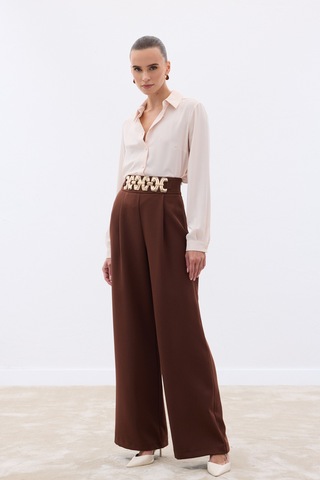 Sateen Kemerli Salaş Pantolon - Kahve-136531 Kahve