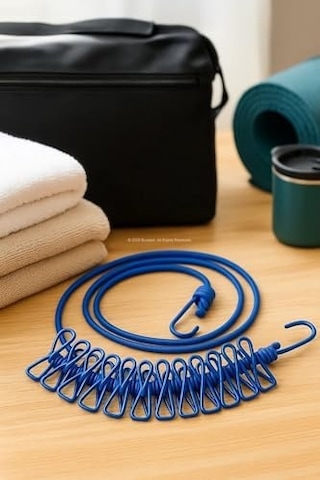 Portatif Seyahat Çamaşır İpi, 12 Adet Sabit Mandallı Lastikli Esnek Tasarım, Kolay Kurulum İçin Metal Kancalı, Kamp, Balkon, Otel, Yurt Ve Ev İçi Kullanıma Uygun Pratik Çamaşır Asma Askısı Açık Ahşap