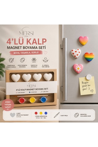 4 Lü Kalp Magnet Boyama Seti 3 Renk Akrilik Boya Ve Fırçalı Kendin Yap Hobi Seti