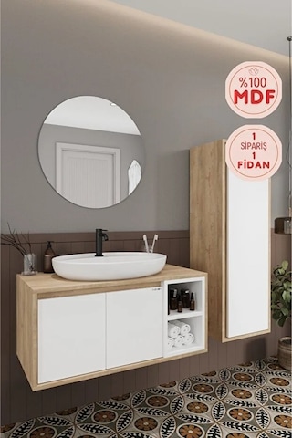 Gül Beyaz 90 Cm Banyo Dolabı Ayna Lavabo Boy Dolabı Beyaz