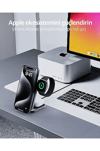 Aukey LC-MC312-GY Magfusion Z Qi2 15 W Katlanabilir 3'ü 1 Arada Mıknatıslı Kablosuz Şarj Cihazı