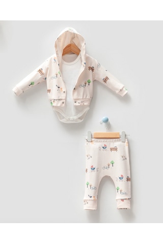 By Bubbles Piknik Desen Kapüşonlu 3'lü Bebek Takımı Ekru