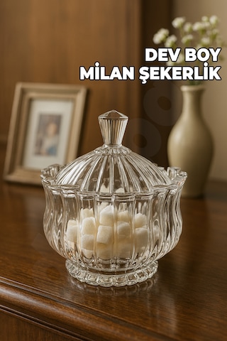 Milan Şekerlik - Dev Boy - Kristal Milan Şekerlik - Kalın Cam Kapaklı - Ağır Cam - Kaliteli Şeffaf Cam