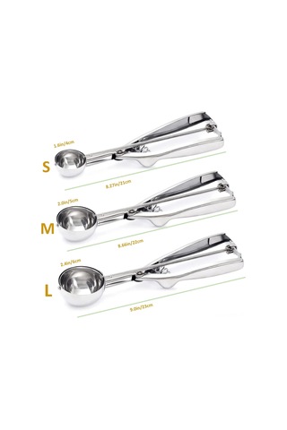 Honmex 3'lü Gıda Grade Paslanmaz Çelik Çıkartma Kolu İçe Kreması-kurabiye-meatball Toplama Kaşıkları Seti Gümüş