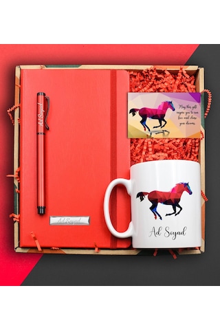 Kişiye Özel At Motifli Kupa & Kırmızı Defter & Kırmızı Roller Kalem & At Model Kart Hediye Seti
