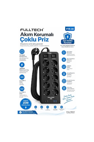 Akım Korumalı 10 Lu Çoklu Priz 3680w 20w Hızlı Şarj 2 Usb-c 2 Usb-a 2 Metre Kablolu Ftr-30 1