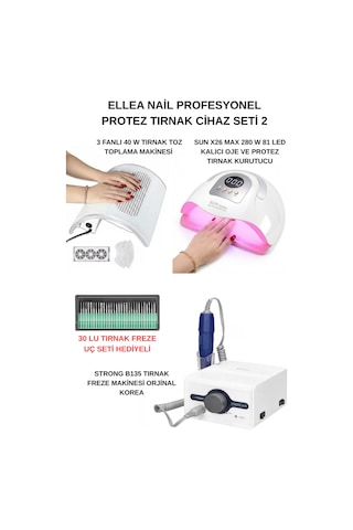 Protez Tırnak Cihaz Seti B135 Freze Cihazı & 3 Motorlu Tırnak Toz Toplama & Sun X26 Max Uv 81 Led