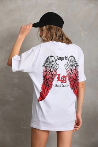 Freedom Storee Kadın Baskılı Tişört Kısa Kol Bisiklet Yaka Oversize T-shirt - Beyaz Çok Renkli