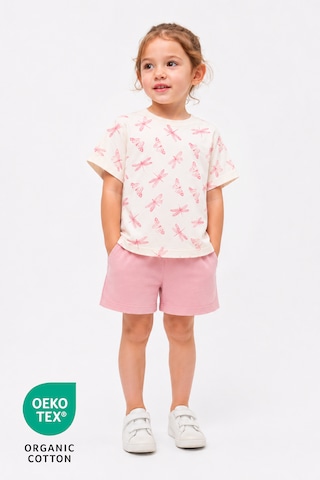 Luppinos %100 Pamuk Kelebek Baskılı Bisiklet Yaka Çift Cepli Bebek-çocuk Tshirt Şort Set Beyaz - Açık Pembe