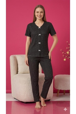 Sleeproom Yazlık Siyah Beyaz Yıldız Desenli Kısa Kol Penye %100 Pamuk Pijama Takım
