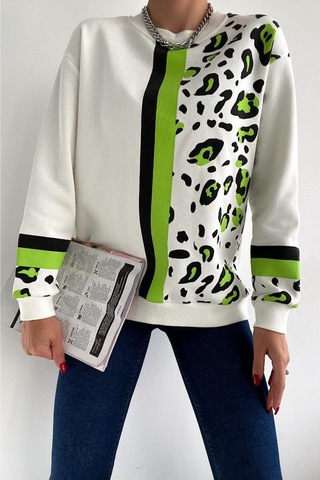 Femelle Kadın Leopar Desen Pamuk Sweatshirt Beyaz