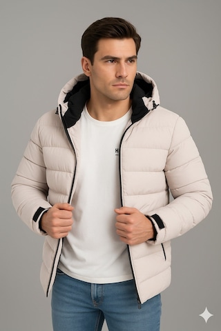 Blayn Jeans Erkek Siyah İçi Polar Kapüşonlu Şişme Günlük Ve Spor Mont Kışlık, Rahat Ve Suya Dayanıklı Krem