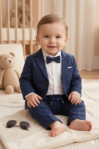 Baby Kids Colors Flamlı Keten Salaş Ceketli Takım Elbise/gömlek Pantolon Ceket Papyon Ay Grubu Zıbınlı Lacivert