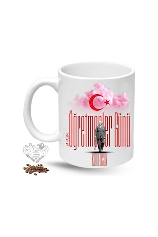 Öğretmenler Günü Hediyesi Atatürk Ay Yıldız Baskılı Porselen Kupa Bardak Beyaz