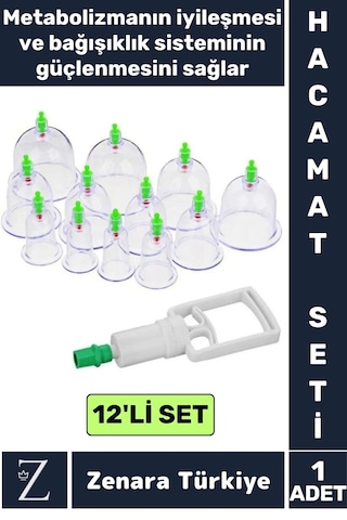 Yüksek Kaliteli Metabolizma Etkili 12'li Vakumlu Hacamat Kupası+4 Parmak Pompa Özel Set