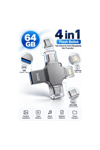 Shnstore Fotoğraf Video Müzik Ve Belgelerinizi Aktarmak İçin 64gb 4 Girişli Telefon Tablet Bilgisayar Uyumlu Bellek Shntknd0720
