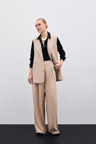 Sateen Yüksek Bel Bol Paça Pantolon - Bej-135631 Bej