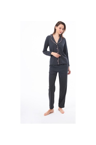 Antrasit Önden Düğmeli Pamuklu Kadın Pijama Takımı Antrasit